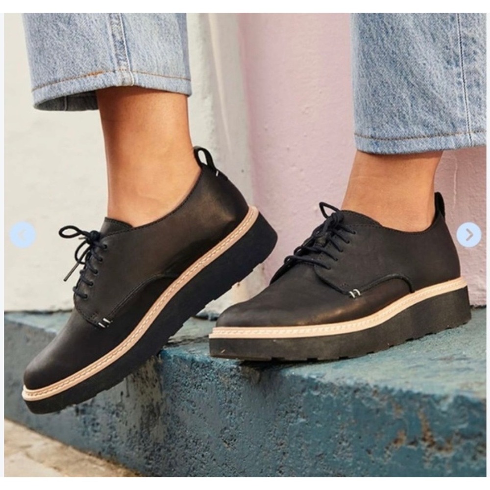 Clarks Sharon Dolly Black Leather Platform Wedge Oxfords 261502224050 Womens 7.5